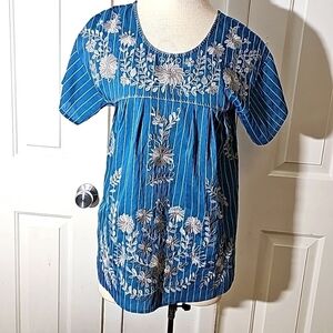 Layerz clothing top.blue with gray stripes beautiful silver enbroidery. Size sm